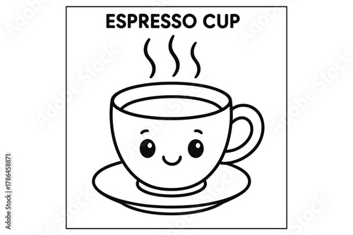 Smiling Espresso Cup. Espresso cup children?s coloring book illustration, outlined drawing, cute steaming