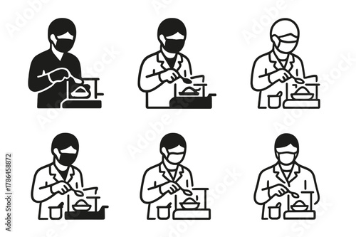 Laboratory Emblems Collection. Laboratory assistants performing hands-on tasks. Set Logo of Laboratory assistants performing hands-on tasks: weighing powder on