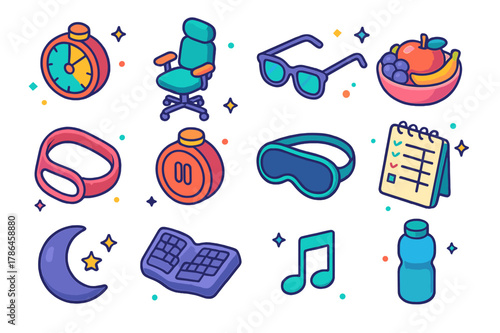 Healthy Gaming Icons. Healthy gaming habits. Colorful isometric vector icons set of Healthy gaming habits: screen time timer, ergonomic posture chair, blue