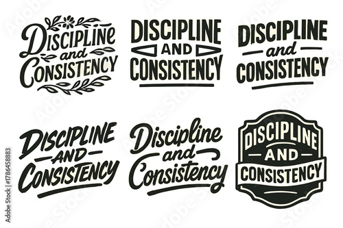 Harmonious Lettering Styles. Discipline and Consistency. Set lettering. harmonious lettering variations of the same emblematic concept, each with different