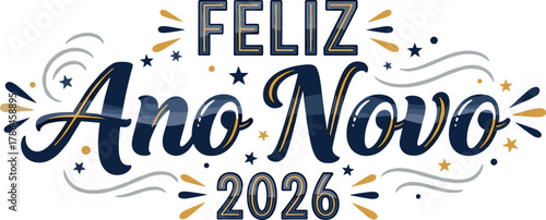 Feliz ano novo 2026 graphic portuguese language on transparent background