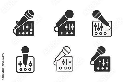 Karaoke Logo Variations. Karaoke events and competitions. Set Logo of karaoke events and competitions: DJ mixer console with mic. Icon set. harmonious logo