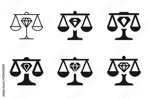 Ethical Jewelry Logos. Ethical jewelry design. Set Logo of Ethical jewelry design: gemstone in balanced scales. harmonious logo variations of the