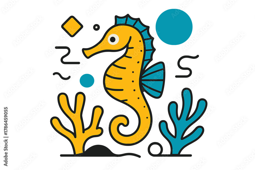 Obraz premium Playful Seahorse Geometry. Endangered Species. Sea horse floating among coral with floating abstract geometric shapes and soft highlights, delicate and rare