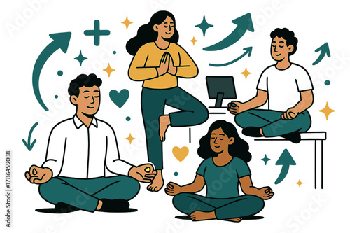 Office Yoga Retreat. Digital detox for employees. Team in office taking a break from screens, engaging in yoga and meditation with abstract floating icons,