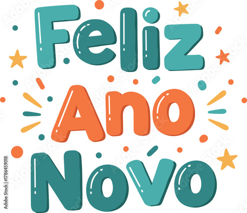 Feliz ano novo graphic with stars and confetti portuguese language on transparent background