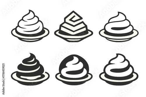 Mashed Potato Logos. Mashed potato mound. Icon set. Set Logo of mashed potato mound: creamy swirl with gravy pool. harmonious logo variations of the same
