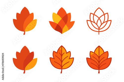 Autumn Leaf Logos. A close-up of colorful autumn leaves, showing rich shades of red, orange, and yellow. Set Logo of Autumn leaves: layered leaf silhouette.