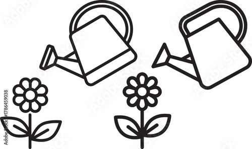 Two watering cans pouring water on blooming flowers silhouette