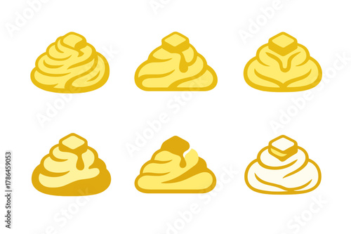 Mashed Potato Logos. Mashed potato mound. Icon set. Set Logo of mashed potato mound: mashed potatoes with melting butter. harmonious logo variations of the