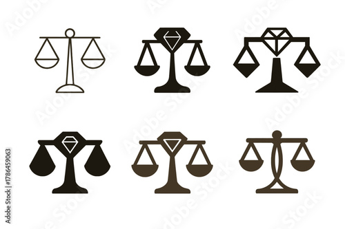 Ethical Jewelry Logos. Ethical jewelry design. Set Logo of Ethical jewelry design: gemstone in balanced scales. harmonious logo variations of the