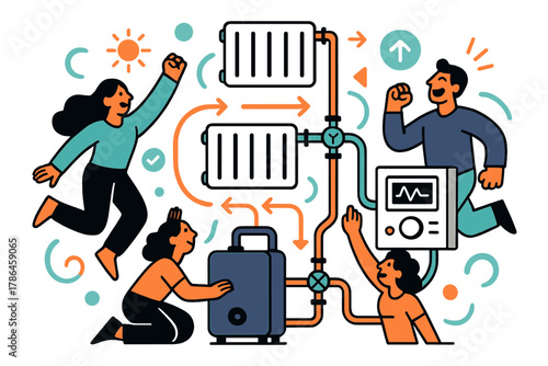 Modern Heating System Diagram. Heating system diagram. Simplified boiler setup with radiators, valves, and