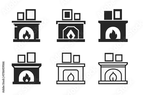 Fireplace Mantel Logos. fireplace mantel. Set Logo of fireplace mantel: mantel with picture frames. Icon set. harmonious logo variations of the same emblematic