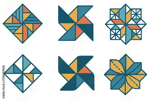 Sewing Logo Variations. Sewing and quilting projects. Set Logo of Sewing and quilting projects: patchwork quilt block (pinwheel). Icon set. harmonious logo