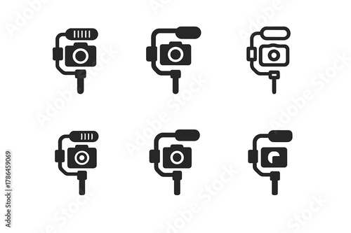 Music Video Logos. Music video shoots and production. Set Logo of Music video shoots and production: camera gimbal with microphone. Icon set. harmonious logo