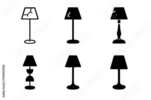 Budget Decor Icons. Home decor on a budget. Icon set. Set Logo of Home decor on a budget: secondhand floor lamp. harmonious logo variations of the same