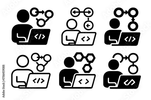IT Icon Designs. IT professionals and programmers coding. Icon set. Set Logo of IT professionals and programmers coding: CI/CD deployment pipeline. harmonious