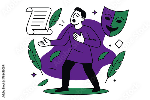 Dramatic Theatrical Soliloquy. Dramatic monologue. A single actor delivering a soliloquy on stage with