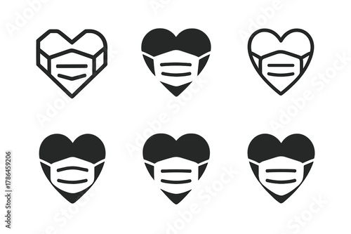 Public Health Icons. Public health campaigns. Icon set. Set Logo of public health campaigns: face mask and heart symbol. harmonious logo variations of the same