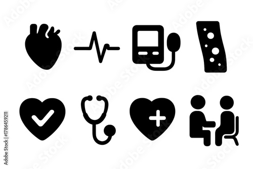 Cardiovascular Health Icons. Heart and cardiovascular health. Filled icon set of heart and cardiovascular