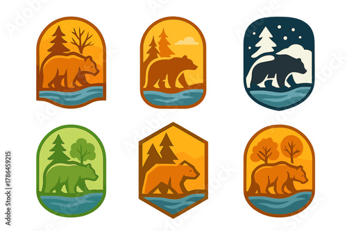 Seasonal Wildlife Logos. Animals in the wild during different seasons. Set Logo of Animals in the wild during different seasons: bear near a river. Icon set.