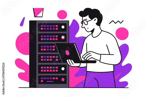 Futuristic Server Monitoring. Server Rack. IT specialist monitoring server rack with floating abstract geometric shapes and glowing LED indicators, focused and