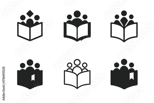 Family Story Logos. Telling family stories at a gathering. Set Logo of Telling family stories at a gathering: family storybook with bookmark. Icon set.