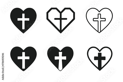 Heart Cross Logo Variations. Christian denominations and their beliefs. Set Logo of Heart with cross: symbol of love and faith. Icon set. harmonious logo