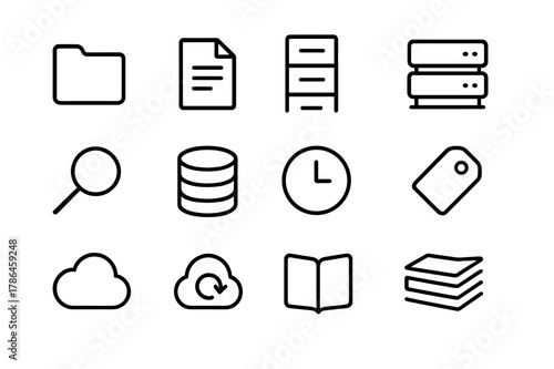 Archival Icon Grid. Archival data. Line outline icon set of archival data: folder, document, file cabinet,