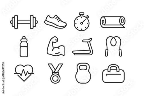 Motivational Fitness Icons. Motivational fitness. Line icon set of motivational fitness: dumbbell, running shoe, stopwatch, yoga mat, water bottle, flexed