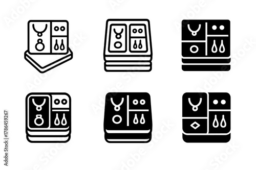 Jewelry Organizer Icon Set. Organizing jewelry in a drawer organizer. Icon set. Set Logo of Organizing jewelry in a drawer organizer: stackable tray set.