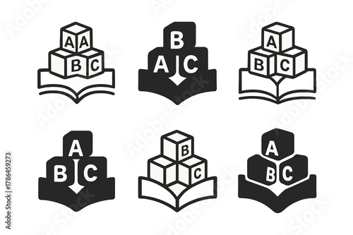 Alphabet Blocks Logos. Childhood literacy programs. Set Logo of childhood literacy programs: alphabet blocks A?B?C stacked into a book shape. Icon set.