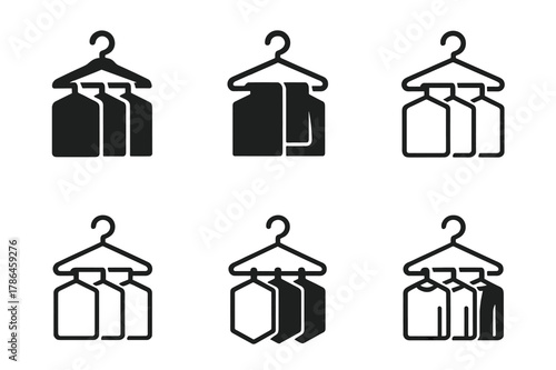 Harmonious Wardrobe Icons. Hanging clothes on matching hangers for uniformity. Icon set. Set Logo of Hanging clothes on matching hangers for uniformity: