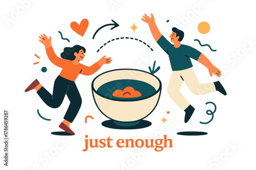 Mindful Eating Illustration. Mindful Eating ? Portion Awareness. Simple bowl with minimal filling; dotted line compares fullness. Caption ?just enough? shines