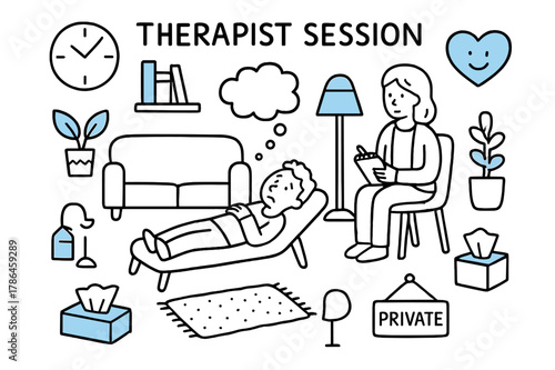 Therapist Session Doodle. // Therapist session. Hand-drawn doodle illustration Therapist session [sofa (accented), therapist notebook (accented), clock,