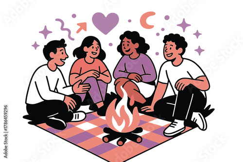 Campfire Friendship Vibes. Outdoor bonding. Friends sitting around a glowing campfire or picnic blanket,