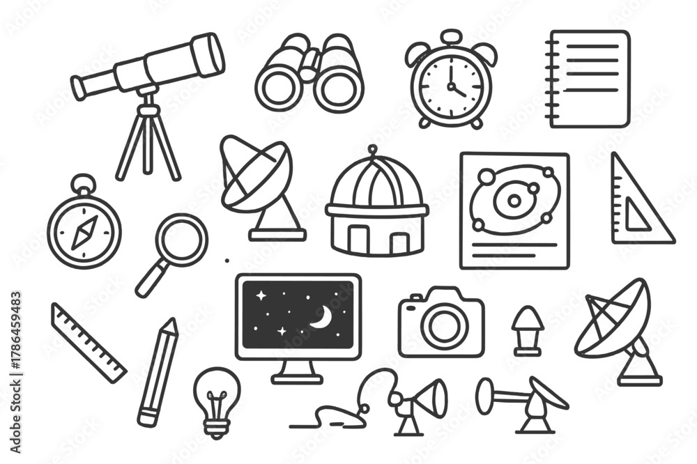 Obraz premium Astronomy Tools Illustration. Astronomy and observation tools. Hand-drawn doodle illustration Astronomy and observation tools telescope, binoculars, tripod,