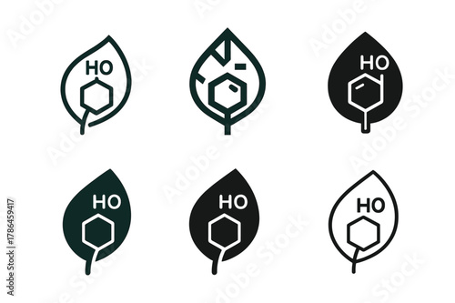 Plant Food Logo Variations. How plants make their food. Icon set. Set Logo of how plants make their food: energy molecule (glucose) inside leaf. harmonious