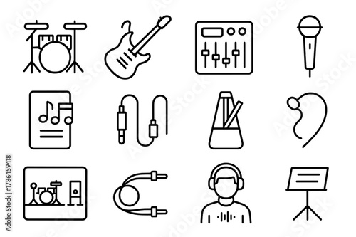 Band Rehearsal Icons. Band Rehearsal. Line icon set of Band Rehearsal: drum kit, electric guitar, amplifier, microphone, music sheet, sound mixer, metronome,