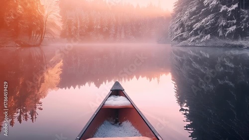 A tranquil winter scene featuring a canoe on a calm lake surrounded by dense forest. The canoe is filled with snow, and the water reflects the surrounding trees and the misty atmosphere.