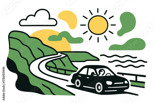 Scenic Coastal Drive. Scenic highway. Wide view of car traveling along cliffs with the ocean stretching out,