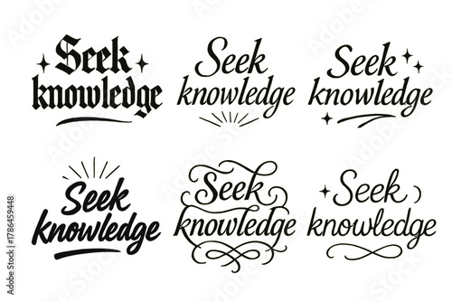 Seek Knowledge Calligraphy. Seek knowledge. Create a calligraphy lettering illustration of the phrase: Seek