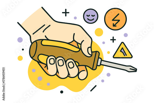 Ergonomic Screwdriver Design. Ergonomic Grip. Hand positioned on a screwdriver with cushioned handle; floating