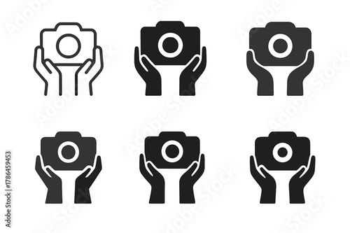 Camera Icon Variations. Holding a camera. Set Logo of Holding a camera: pair of hands raising camera above head. Icon set. harmonious logo variations of the