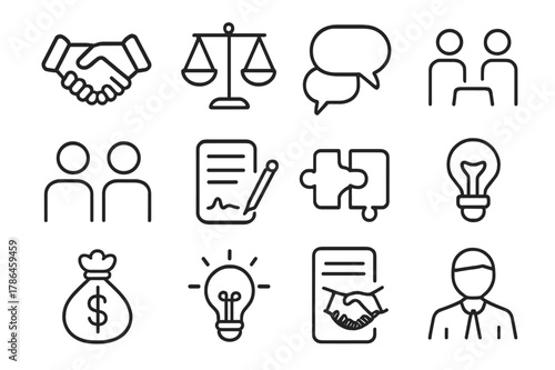 Negotiation Icon Set. Negotiation. Line outline icon set of persuasion and agreement skills: handshake,