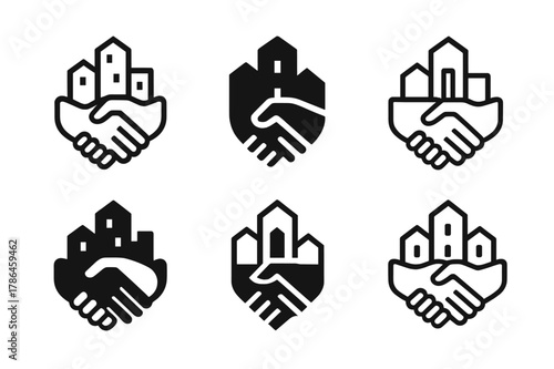 Community Logo Variations. Community-first branding. Set Logo of Community-first branding: neighborhood skyline within handshake. Icon set. harmonious logo