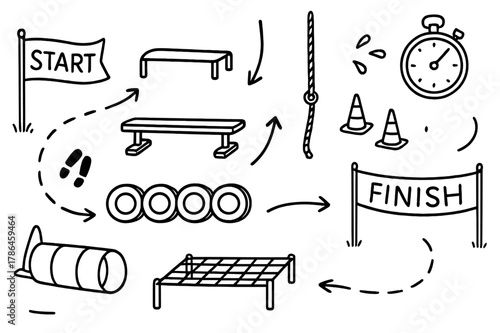Obstacle Course Doodle. Obstacle course. Hand-drawn doodle illustration obstacle course hurdles, balance beam, tires to step, rope climb, cones, tunnel tube,