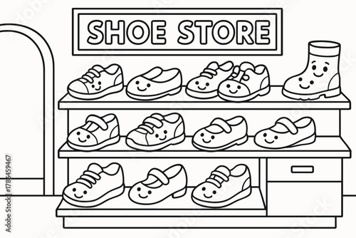 Smiling Shoes Shop. Shoe store children?s coloring book illustration, outlined drawing, cartoon shop with
