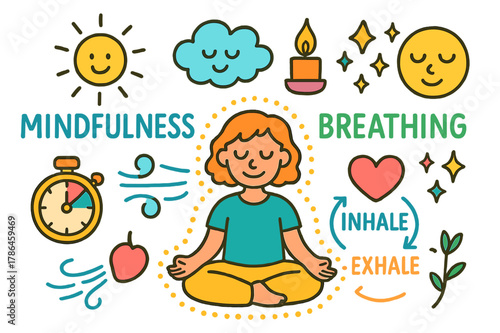 Mindful Breathing Illustration. Mindfulness and breathing. Colorful Hand-drawn doodle Children illustration Mindfulness and breathing calm person, breath