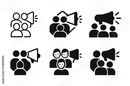 Marketing Strategy Logos. Marketing team discussing campaign strategy. Icon set. Set Logo of Marketing team discussing campaign strategy: megaphone rollout